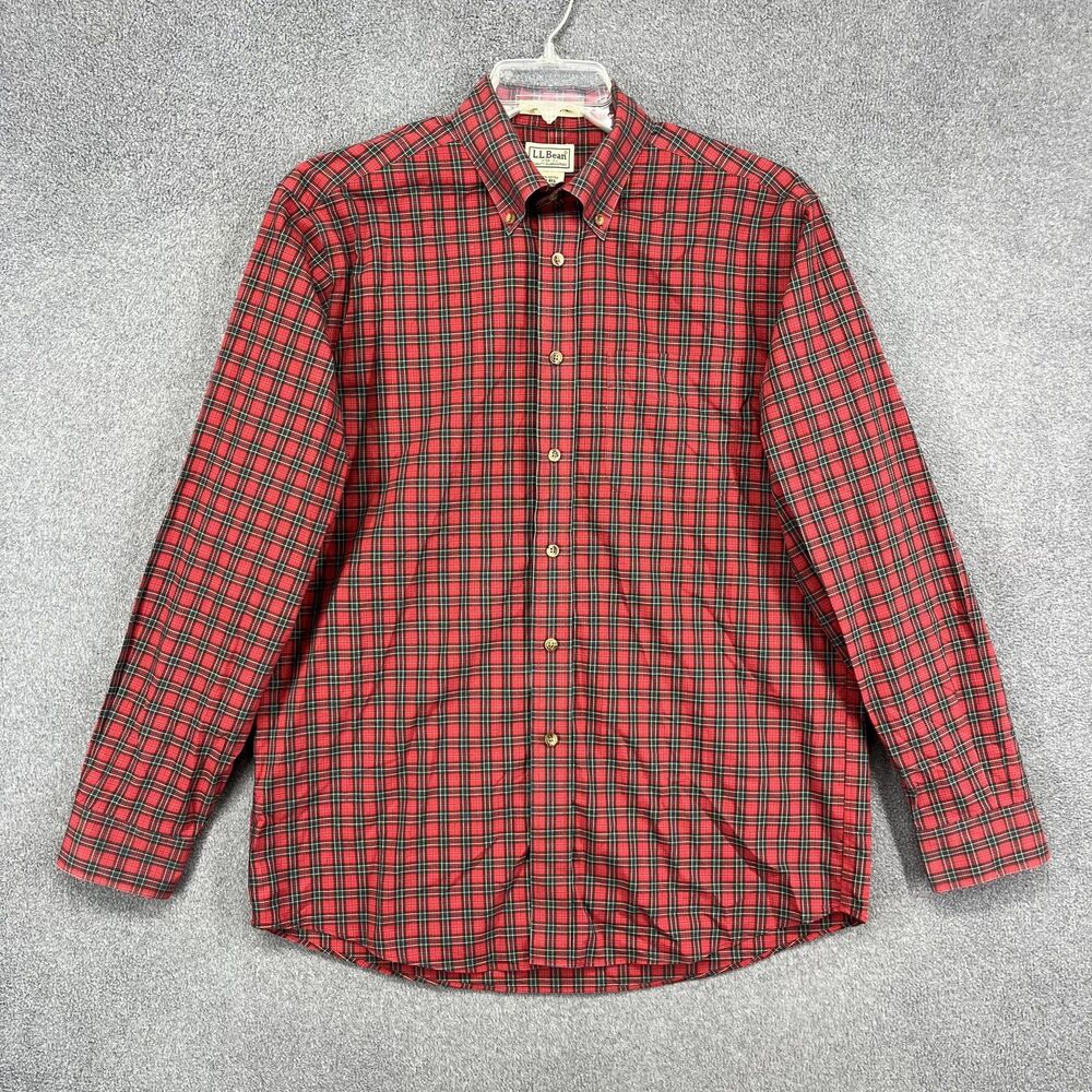 LL Bean Shirt‎ Mens Medium Red Green Plaid Button Down Wrinkle Resistant Cotton